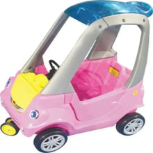 Pink kids push car with gray frame, blue canopy, and yellow front seat