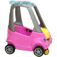 Pink kids push car with gray frame, blue roof, and yellow side seat