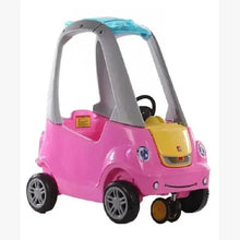 Pink ride-on push car with gray canopy frame, yellow seat, and front cup holder