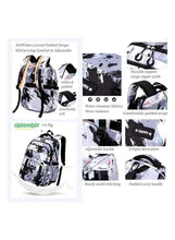 Rolling backpack details in black and white splatter print, zippers and padded carry handle