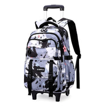 Kids rolling backpack in black and white splatter print, two wheels and front pockets