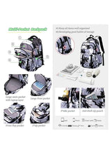 Black and white splatter kids rolling backpack, organized compartments and zipper pockets