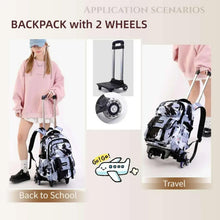 Kids rolling backpack with black and white splatter print, two-wheel trolley system