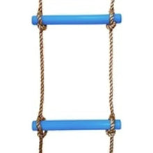Rope ladder close-up with two blue plastic rungs and braided side ropes