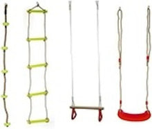 Rope climbing ladder with green ladder rungs and hanging swing seat, red and tan straps