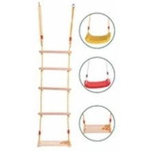 Rope climbing ladder with hanging swing seats, beige ropes and rungs with yellow and red seats