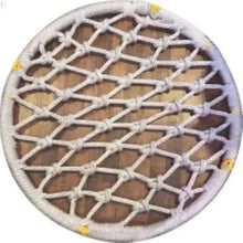 Round rope swing seat with gray net and brown wooden platform