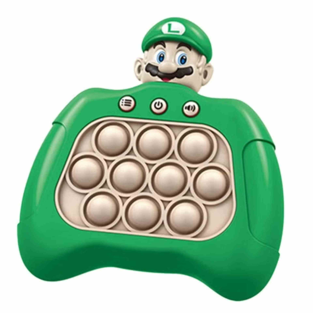 Mario Pop Push kids sensory stress relief game in green with a Luigi character head and bubble pop buttons