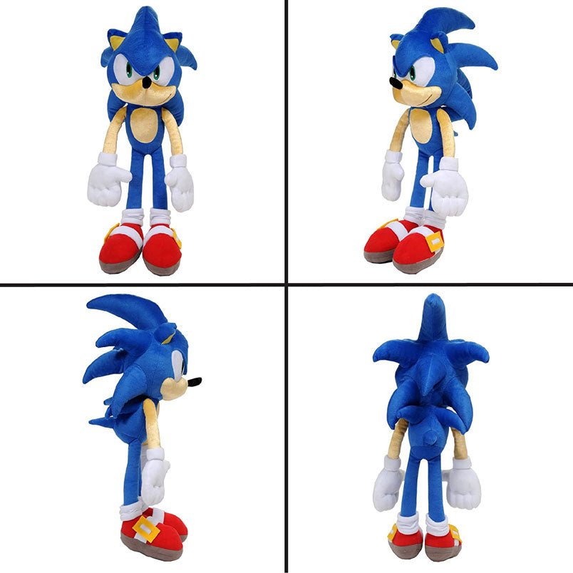 Huitich kids sonic plush pillow toy showing front side, left profile, right profile, and back view in blue with red shoes