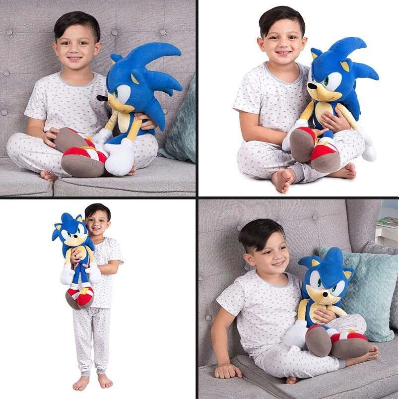 Child playing and hugging a kids sonic plush pillow toy from Huitich wearing white pajamas