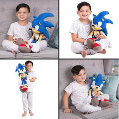 Child playing and hugging a kids sonic plush pillow toy from Huitich wearing white pajamas
