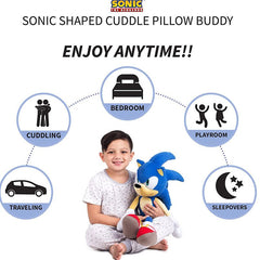 Boy holding kids sonic plush pillow toy Sonic shaped cuddle pillow buddy for bedroom playroom and travel