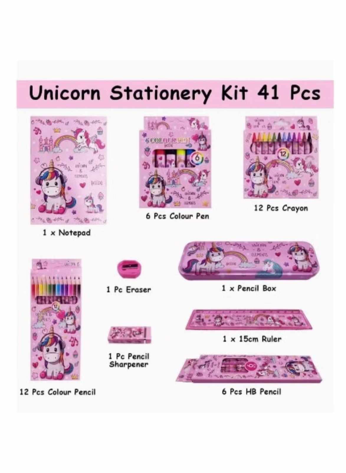 Huitich kids stationery kit pink with 41 pieces including crayons, color pencils, pens, and unicorn-themed accessories