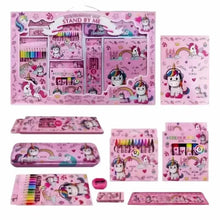 Pink unicorn kids stationery kit with notebook, crayons, colored pencils, and pencil case