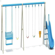 Kids swing and slide set with blue swings, rope seat and slide on metal frame