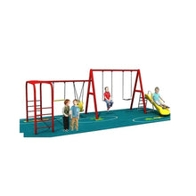Kids swing and slide set with monkey climber, red frame and yellow slide, children playing