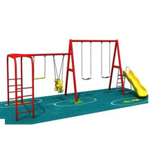 Kids swing and slide set with monkey climber: red frame, yellow slide, swing seats