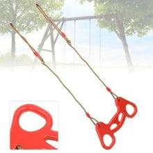 Kids swing bar seat with red panel and braided ropes, side hand loop cutouts