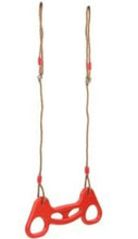Kids swing bar with red base and two braided ropes, side hand loop cutouts