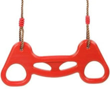 Kids swing bar with red seat panel and two braided ropes, round hand grips