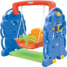 Kids swing playset with blue elephant sides, red frame, and hanging bucket seat