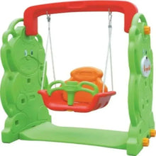 Kids swing playset with green frame, red swing seat, orange base, hanging ropes