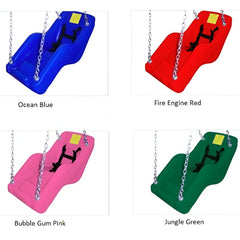 Huitich kids swing seat with safety harness in ocean blue fire engine red bubble gum pink and jungle green colors