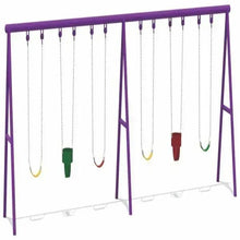 Kids swing set with purple frame and six hanging seats