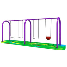 Kids swing set with purple frame, green base, multiple swings and red seat