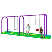 Kids swing set with purple frame, green and blue base, two children on swings