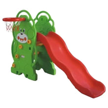 Kids swing set with slide, green play tower and red slide with basketball hoop