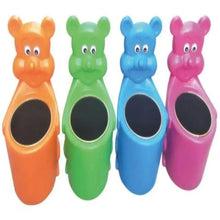 Four plastic snail toy storage bins with round openings