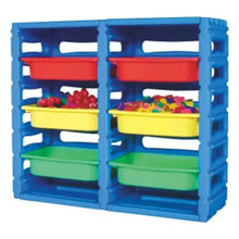 Blue plastic kids toys storage cabinet with four colored bin shelves, open front