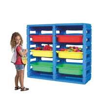 Blue plastic storage cabinet with colorful bins, shown with a child standing beside it