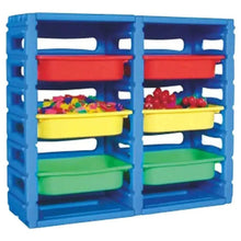 Blue plastic storage cabinet with open shelves and colorful bins filled with toys