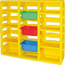 Yellow plastic kids toy storage cabinet with open shelves and three colorful bins