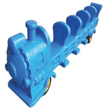 Blue plastic kids train track table section with connected train cars