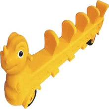 Yellow plastic toy train with rounded wheels and face, curved track accessory