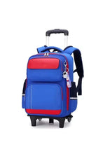 Blue kids trolley backpack with red front pocket, retractable handle and wheels