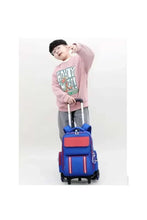 Kids trolley backpack on wheels, blue body with red front pocket and pull handle