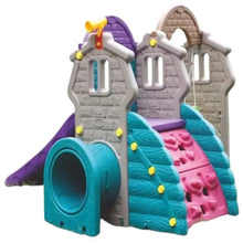 Rock climber playhouse with purple slide, teal tunnels, and gray panels