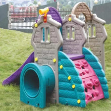 Rock climber playhouse with arched teal tunnels, purple slide, and gray panels