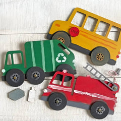 Huitich kids vehicle paint kit featuring wooden school bus, garbage truck, and fire truck artwork