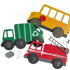 Huitich kids vehicle paint kit featuring yellow school bus red fire truck and green recycling truck artwork