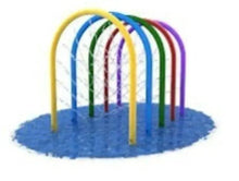 Kids water play arch sprinkler with rainbow arched tubes over blue base