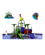Kids water playground set with slides, splash bucket, net ladder and colorful panels