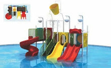 Kids water playground playset with slides, splash bucket and stairs over a pool