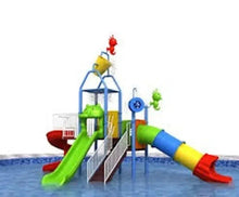Kids water play structure with green and yellow slides, blue ladder and splash bucket