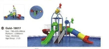Kids water play structure with multiple slides and splash bucket over blue pool