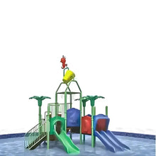 Kids water play tower with two slides, ladder steps, and splash bucket